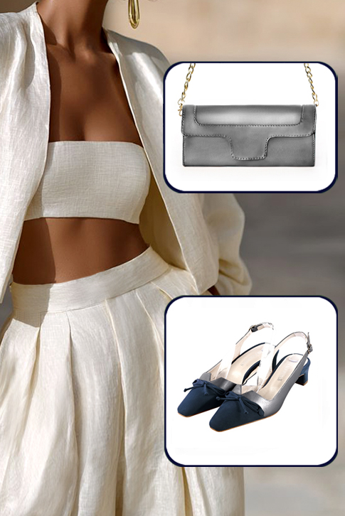 Dress slingback bow heels in navy blue and dove grey leather with kitten heels and tapered toe - Worn view